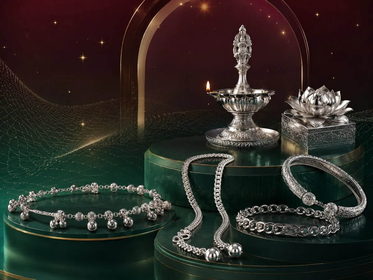 PCM Silver premium wholesale silver display — Ganesha lamp, lotus gift box, payal, chains and bracelets showcased on emerald podiums
